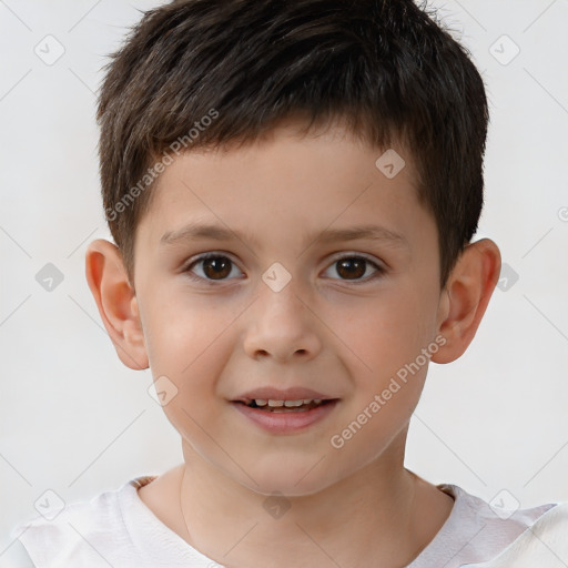 Joyful white child male with short  brown hair and brown eyes