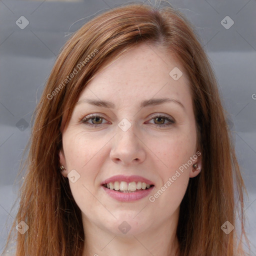 Joyful white young-adult female with long  brown hair and grey eyes