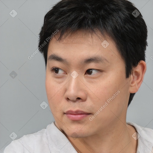 Neutral asian young-adult male with short  black hair and brown eyes