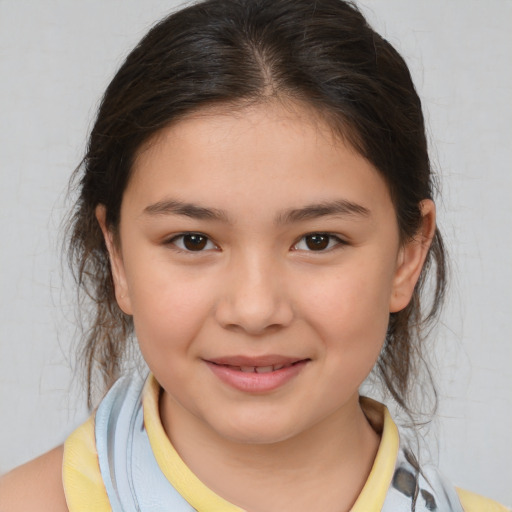 Joyful white child female with medium  brown hair and brown eyes