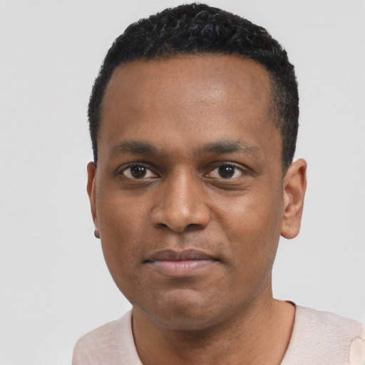 Neutral black young-adult male with short  black hair and brown eyes