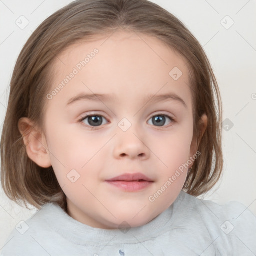 Neutral white child female with medium  brown hair and blue eyes