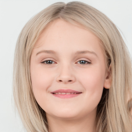 Joyful white child female with long  brown hair and grey eyes