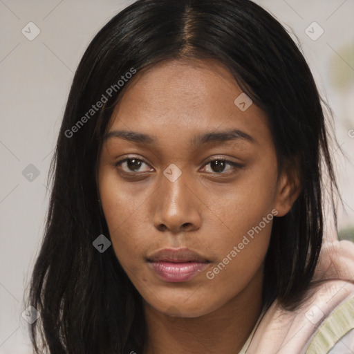 Neutral asian young-adult female with long  brown hair and brown eyes