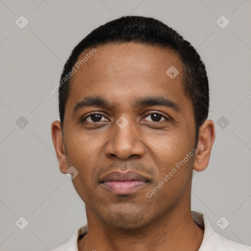 Neutral black young-adult male with short  black hair and brown eyes