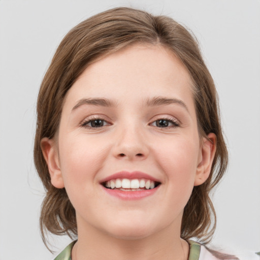 Joyful white young-adult female with medium  brown hair and green eyes