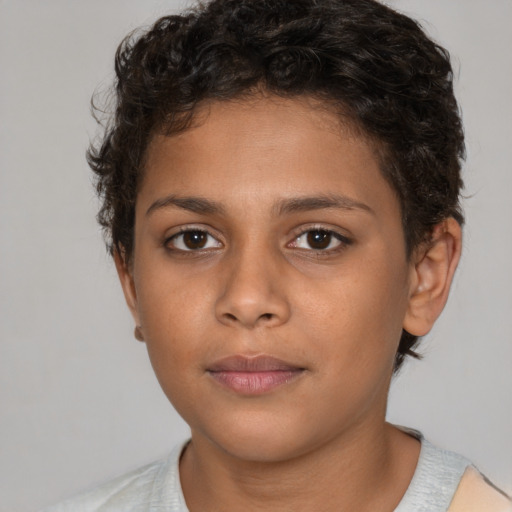 Neutral latino young-adult female with short  brown hair and brown eyes