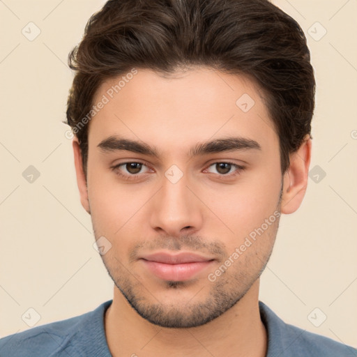 Neutral white young-adult male with short  brown hair and brown eyes