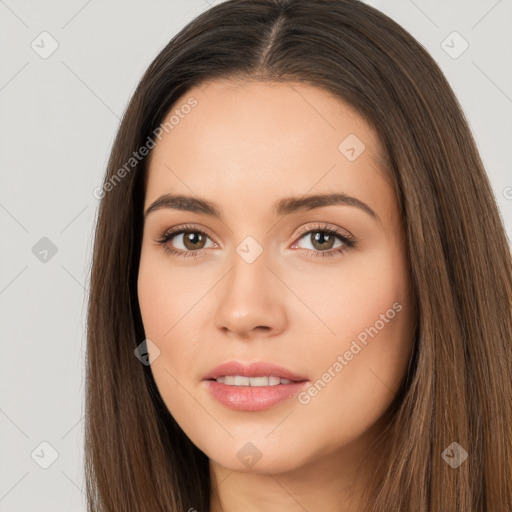 Neutral white young-adult female with long  brown hair and brown eyes