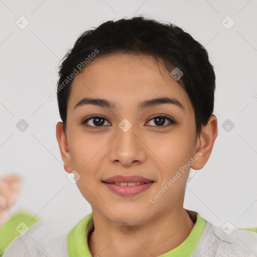 Joyful asian young-adult female with short  black hair and brown eyes