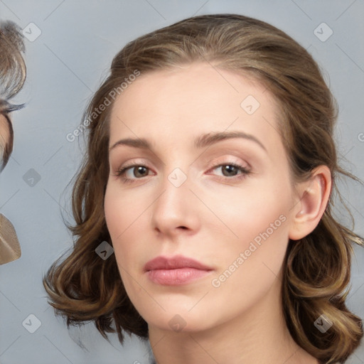 Neutral white young-adult female with medium  brown hair and brown eyes