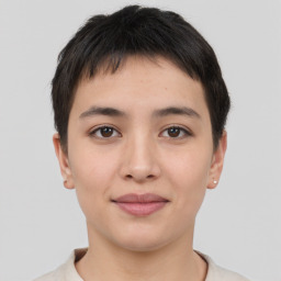 Joyful asian young-adult female with short  brown hair and brown eyes