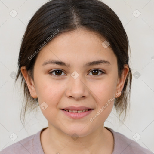 Joyful white child female with medium  brown hair and brown eyes