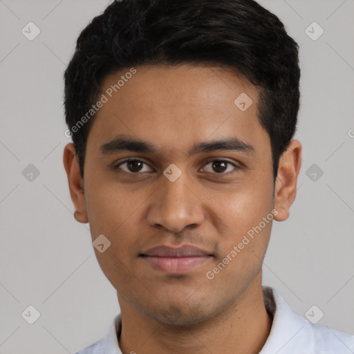 Joyful latino young-adult male with short  black hair and brown eyes