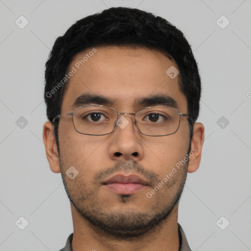 Neutral asian young-adult male with short  black hair and brown eyes