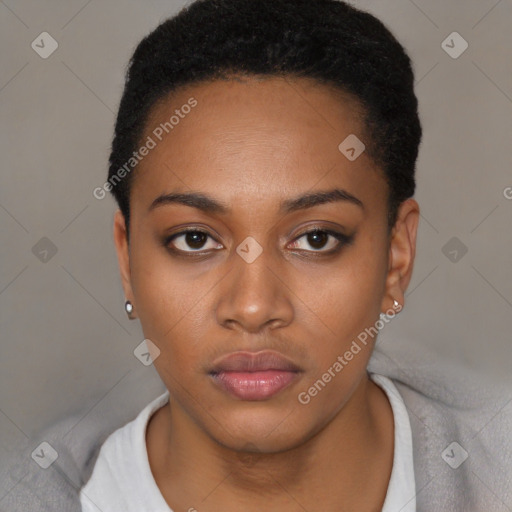 Neutral black young-adult female with short  black hair and brown eyes