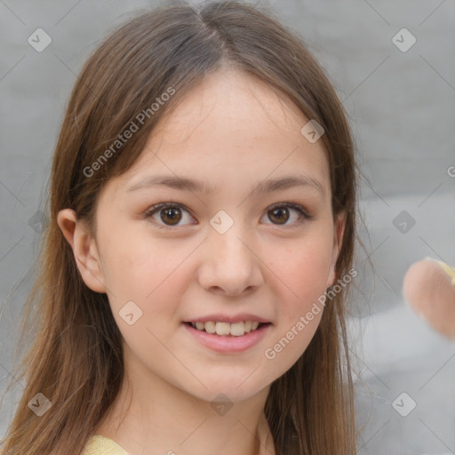 Joyful white child female with medium  brown hair and brown eyes