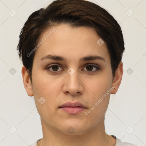 Neutral white young-adult female with short  brown hair and brown eyes