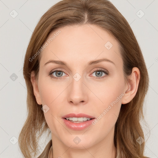 Joyful white young-adult female with long  brown hair and grey eyes