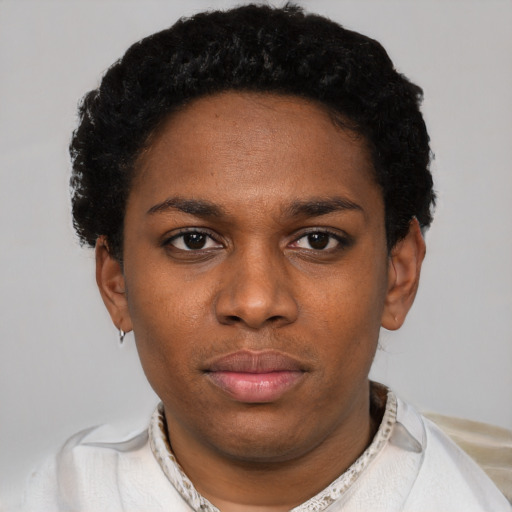 Neutral black young-adult female with short  black hair and brown eyes