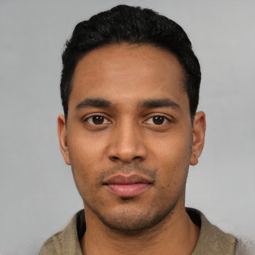 Neutral latino young-adult male with short  black hair and brown eyes