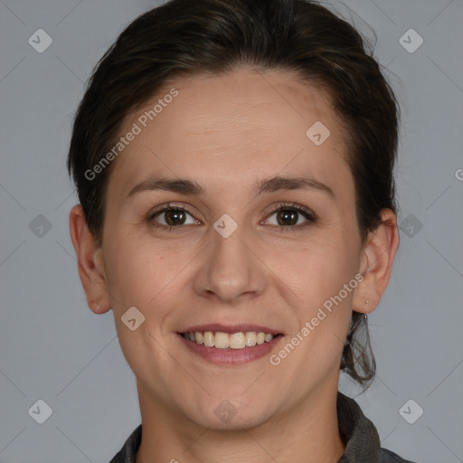 Joyful white young-adult female with medium  brown hair and brown eyes