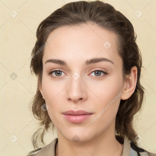 Neutral white young-adult female with medium  brown hair and brown eyes