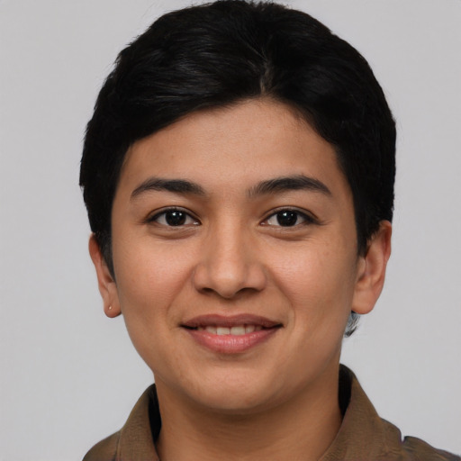 Joyful asian young-adult female with short  black hair and brown eyes