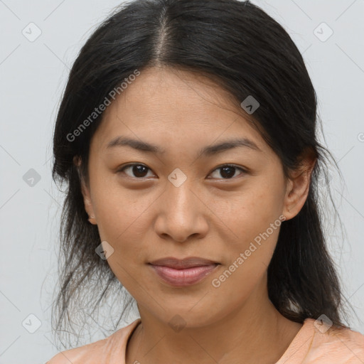 Joyful asian young-adult female with medium  brown hair and brown eyes