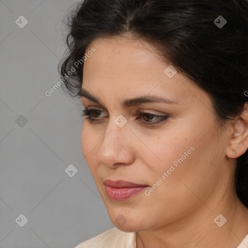 Neutral white young-adult female with medium  brown hair and brown eyes