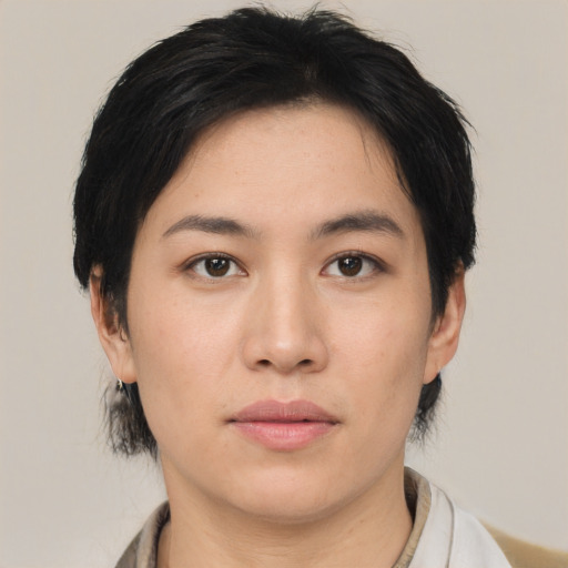 Neutral asian young-adult female with medium  black hair and brown eyes