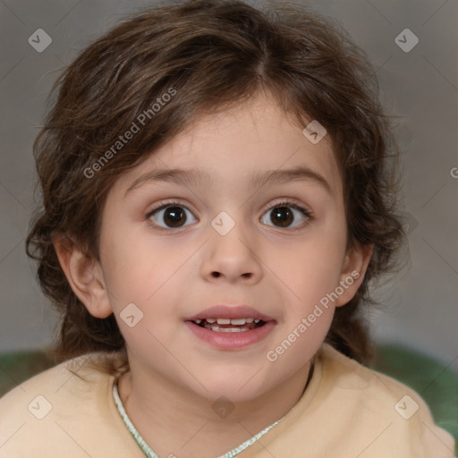 Joyful white child female with medium  brown hair and brown eyes