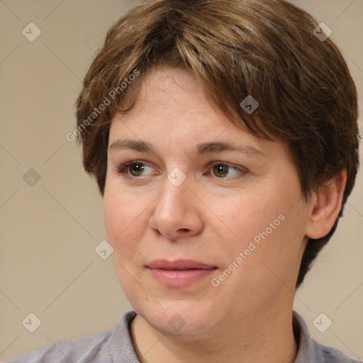 Joyful white adult female with medium  brown hair and brown eyes