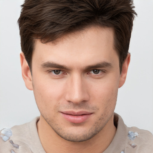 Neutral white young-adult male with short  brown hair and brown eyes