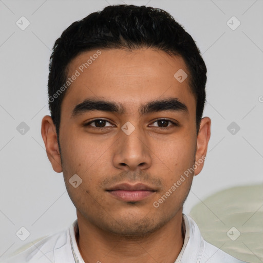 Neutral asian young-adult male with short  black hair and brown eyes