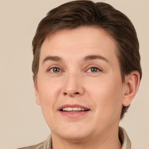 Joyful white adult male with short  brown hair and grey eyes