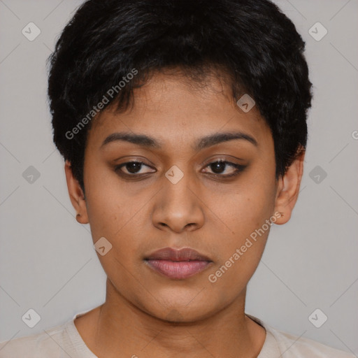 Neutral asian young-adult female with short  black hair and brown eyes