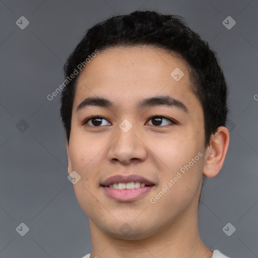 Joyful white young-adult male with short  black hair and brown eyes