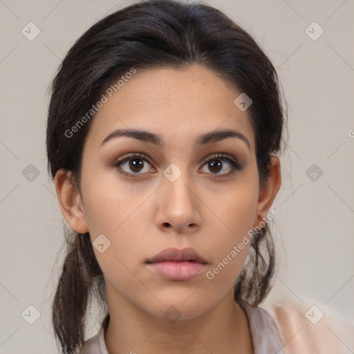 Neutral asian young-adult female with medium  brown hair and brown eyes