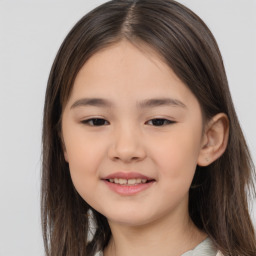 Joyful white child female with medium  brown hair and brown eyes