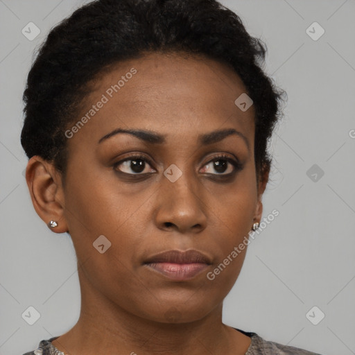 Neutral black young-adult female with short  brown hair and brown eyes