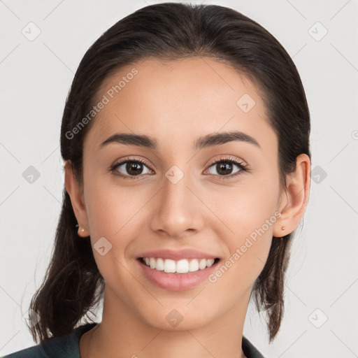 Joyful white young-adult female with medium  brown hair and brown eyes