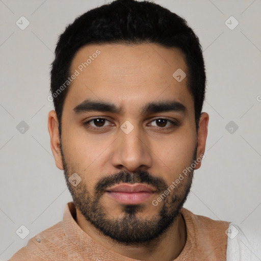 Neutral latino young-adult male with short  black hair and brown eyes