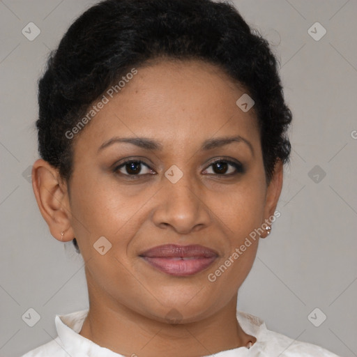 Joyful latino young-adult female with short  brown hair and brown eyes