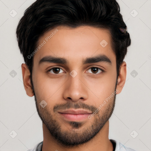 Neutral white young-adult male with short  black hair and brown eyes