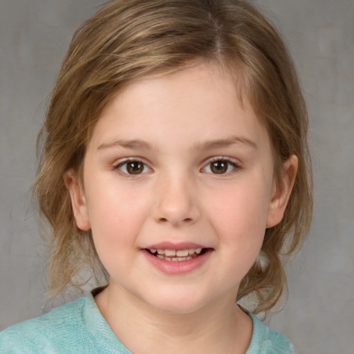 Joyful white child female with medium  brown hair and brown eyes