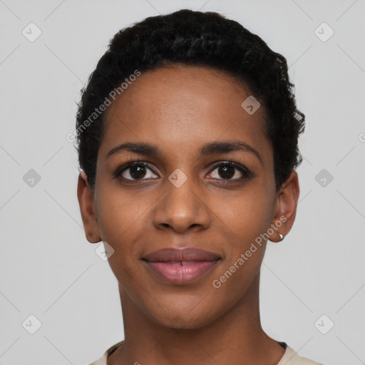 Joyful black young-adult female with short  black hair and brown eyes