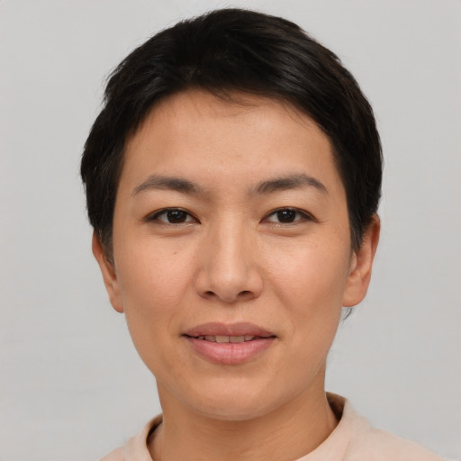 Joyful asian young-adult female with short  brown hair and brown eyes