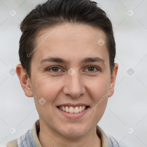 Joyful white young-adult female with short  brown hair and brown eyes