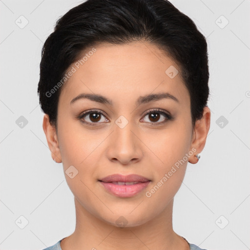 Joyful white young-adult female with short  brown hair and brown eyes